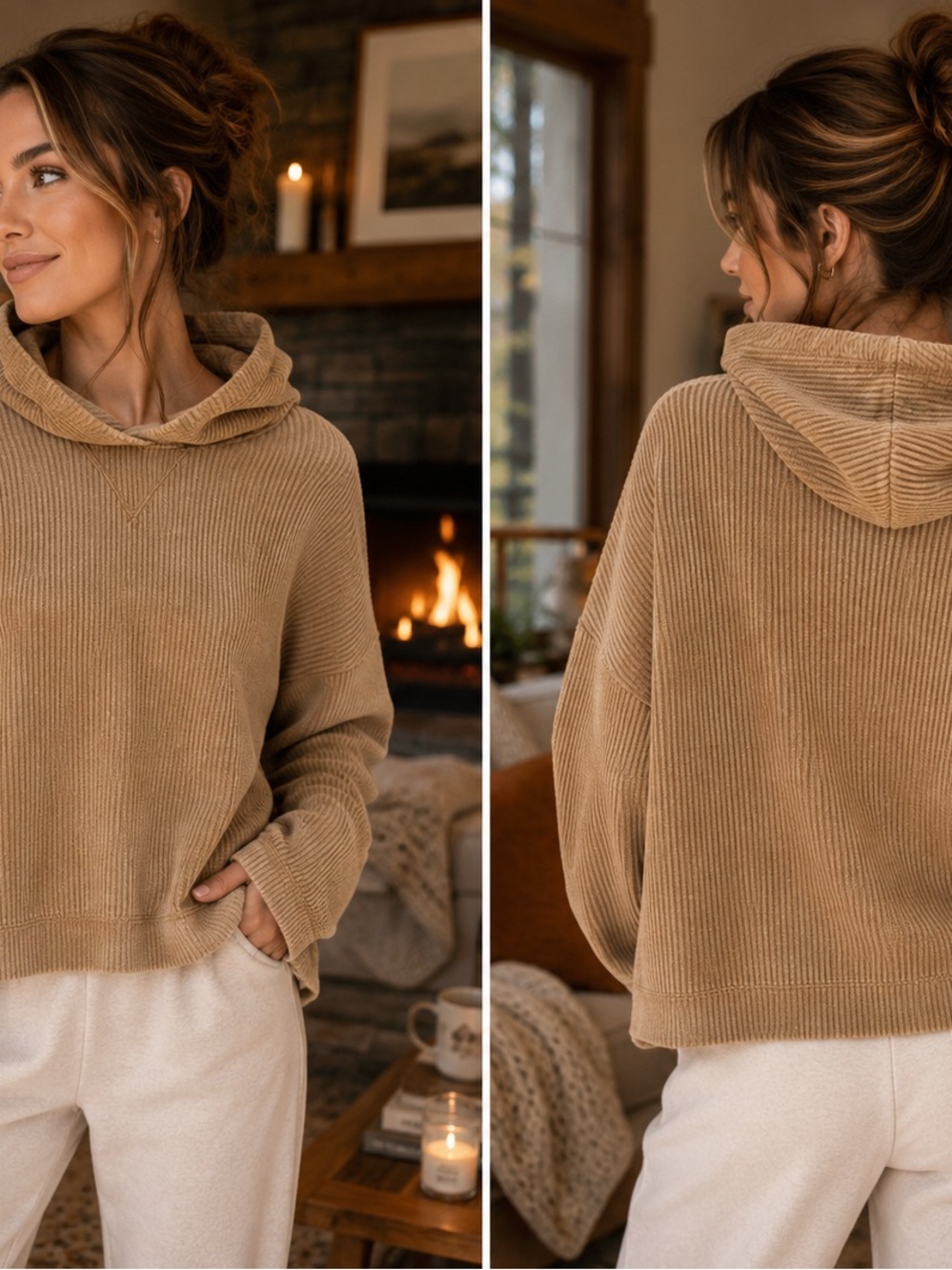 PINK Women's Cozy Ribbed Hooded Sweater - Camel